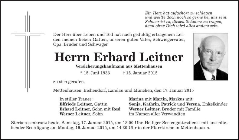 Traueranzeige Erhard Leitner