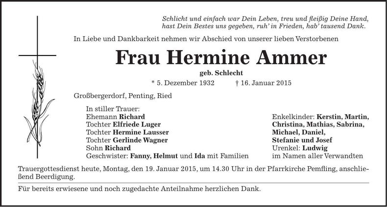 Traueranzeige Hermine Ammer