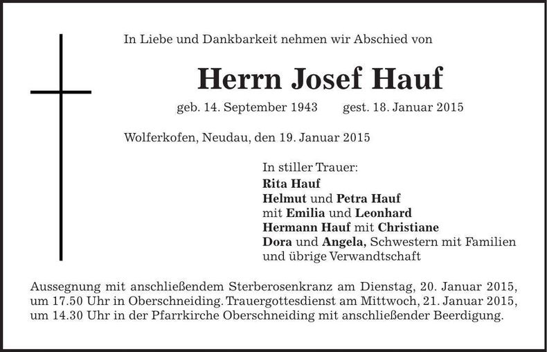 Traueranzeige Josef Hauf