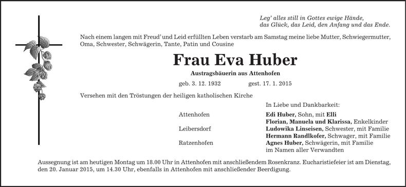 Traueranzeige Eva Huber