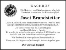 Traueranzeige Josef Brandstetter