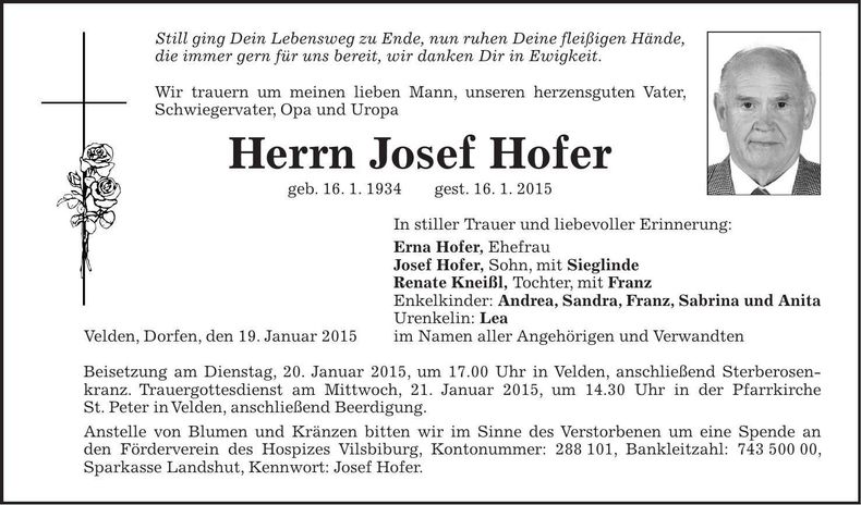 Traueranzeige Josef Hofer