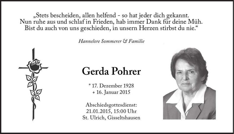 Traueranzeige Gerda Pohrer
