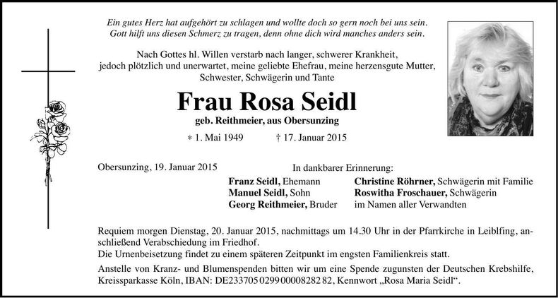 Traueranzeige Rosa Seidl