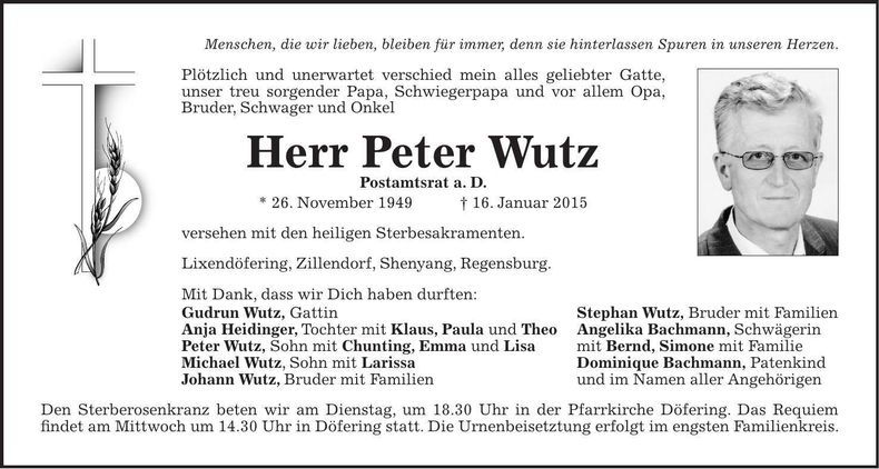 Traueranzeige Peter Wutz