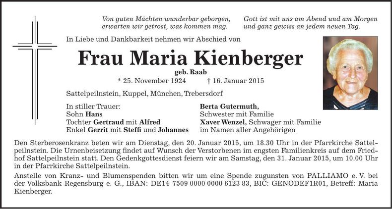 Traueranzeige Maria Kienberger