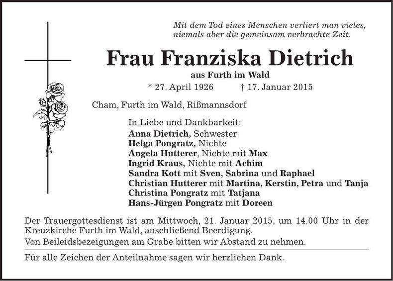 Traueranzeige Franziska Dietrich