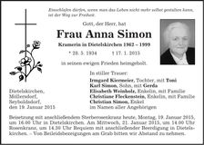 Traueranzeige Anna Simon