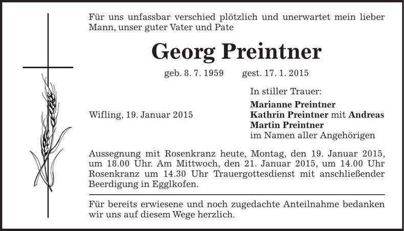 Traueranzeige Georg Preintner