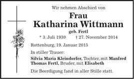 Traueranzeige Katharina Wittmann