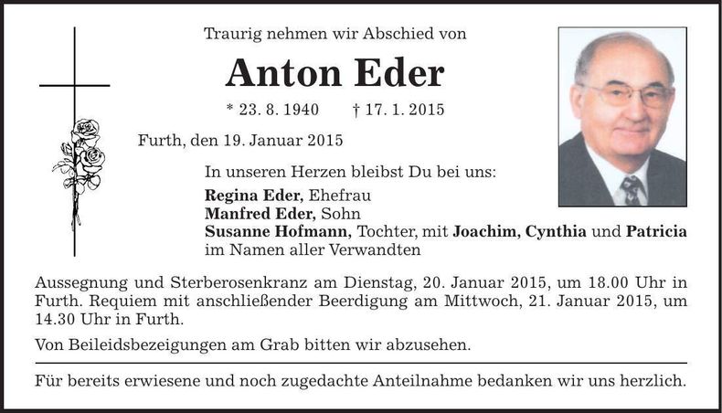 Traueranzeige Anton Eder