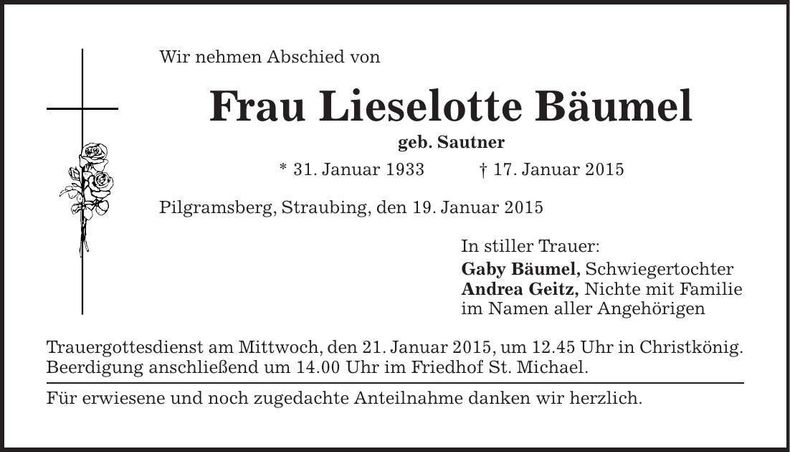 Traueranzeige Lieselotte Bäumel