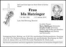Traueranzeige Ida Hatzinger