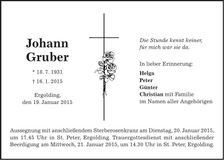 Traueranzeige Johann Gruber