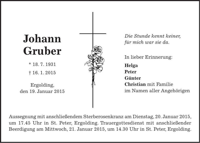 Traueranzeige Johann Gruber