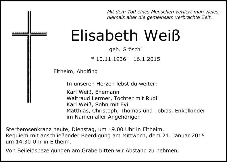 Traueranzeige Elisabeth Weiß