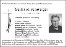 Traueranzeige Gerhard Schweiger