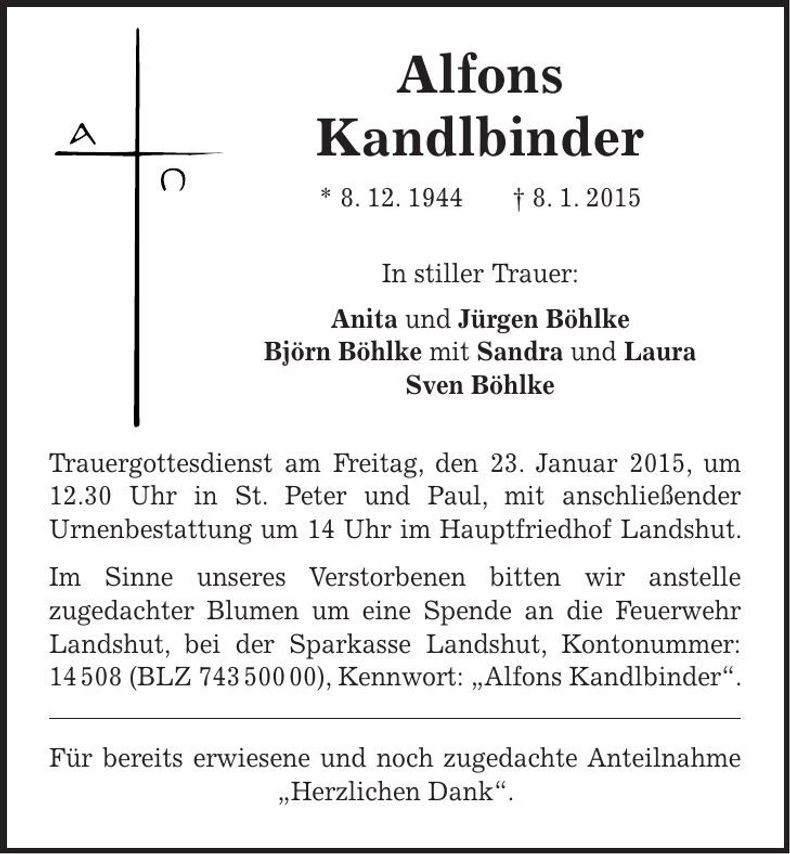 Traueranzeige Alfons Kandlbinder