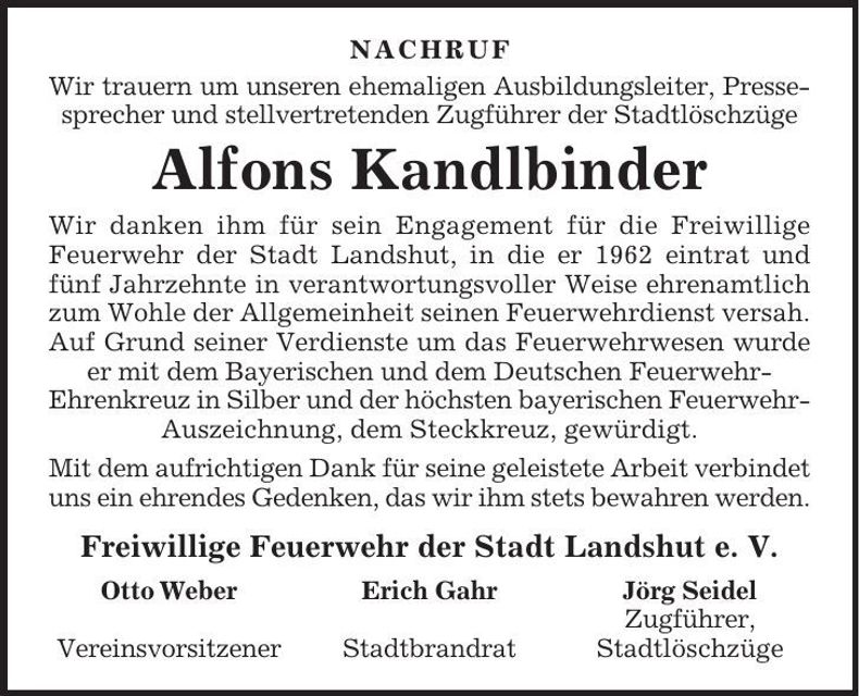 Traueranzeige Alfons Kandlbinder