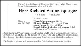 Traueranzeige Richard Sonnensperger