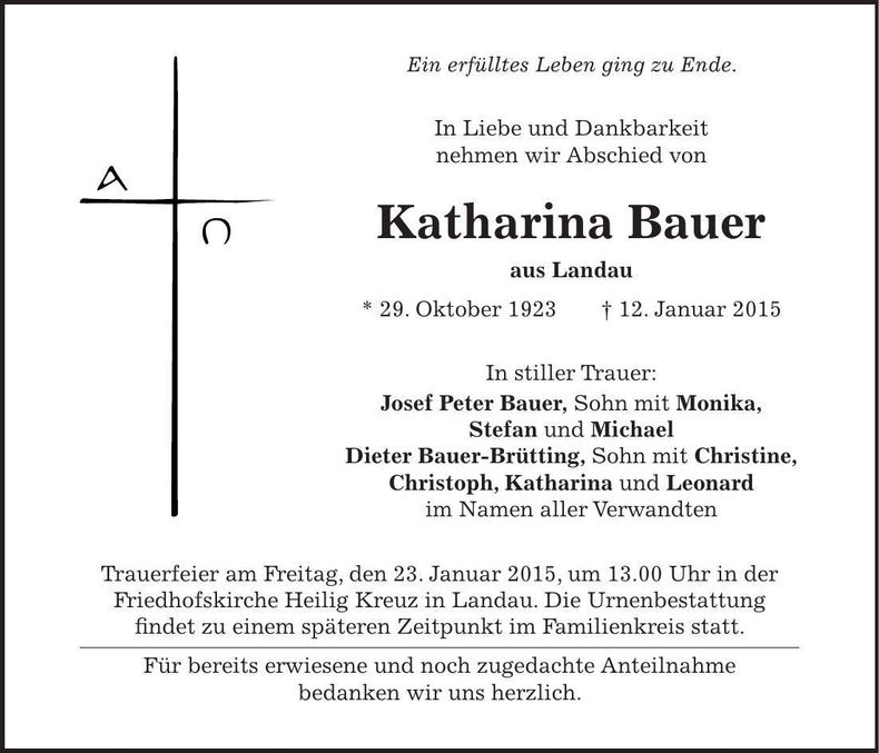 Traueranzeige Katharina Bauer