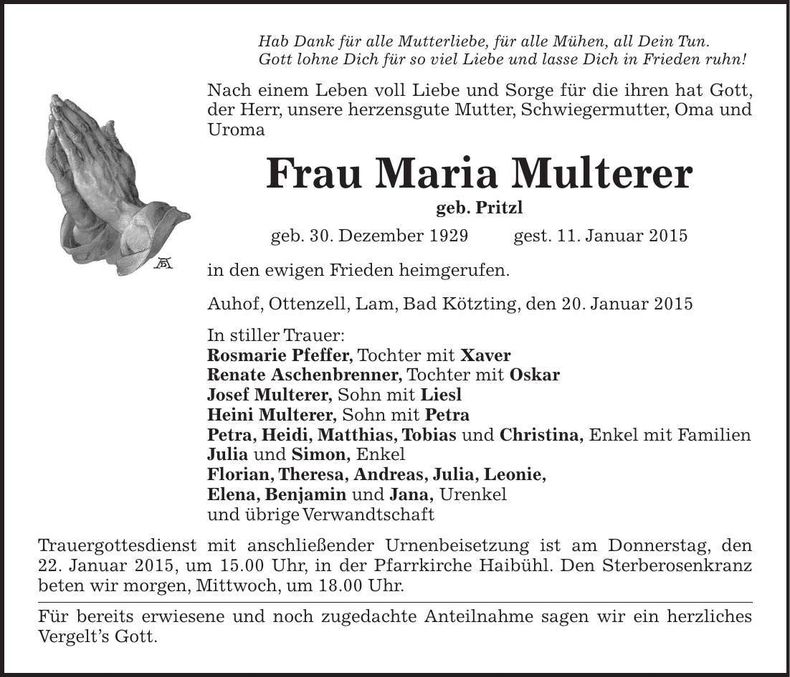Traueranzeige Maria Multerer