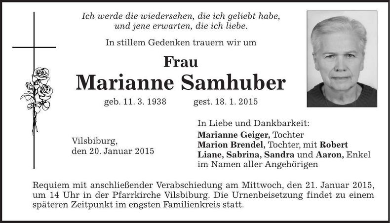 Traueranzeige Marianne Samhuber