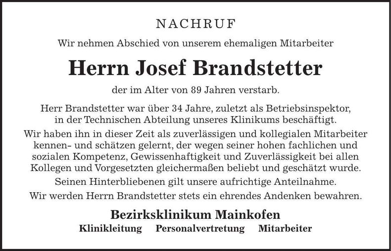 Traueranzeige Josef Brandstetter