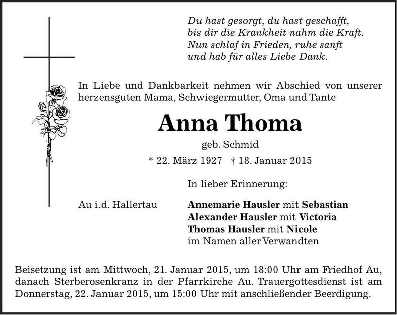 Traueranzeige Anna Thoma