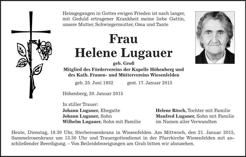 Traueranzeige Helene Lugauer