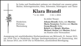 Traueranzeige Klara Brandl