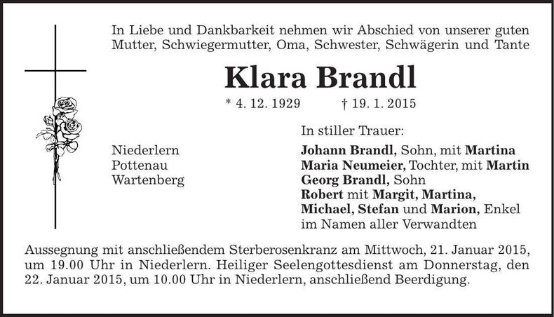 Traueranzeige Klara Brandl