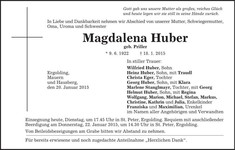 Traueranzeige Magdalena Huber