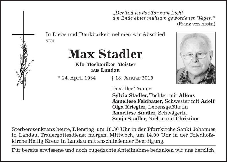 Traueranzeige Max Stadler
