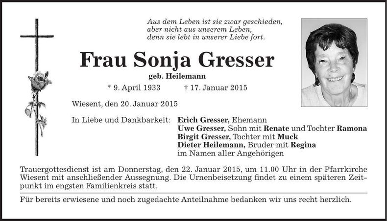 Traueranzeige Sonja Gresser