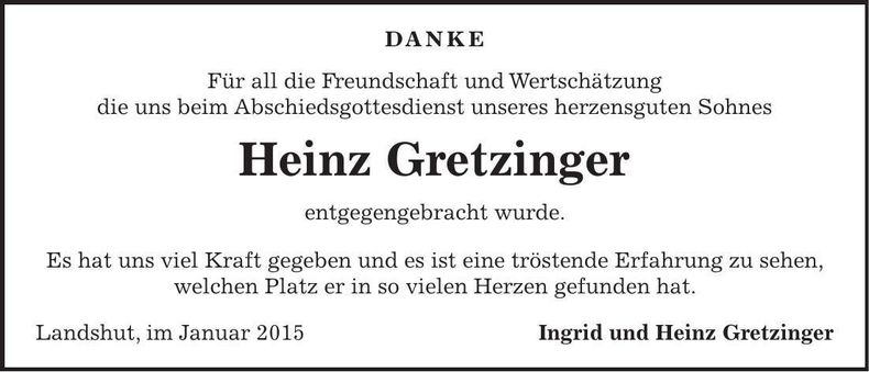 Traueranzeige Heinz Gretzinger