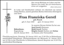 Traueranzeige Franziska Gerstl