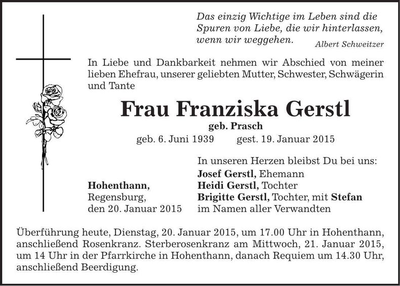 Traueranzeige Franziska Gerstl