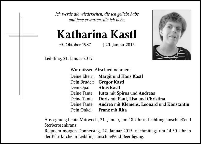 Traueranzeige Katharina Kastl