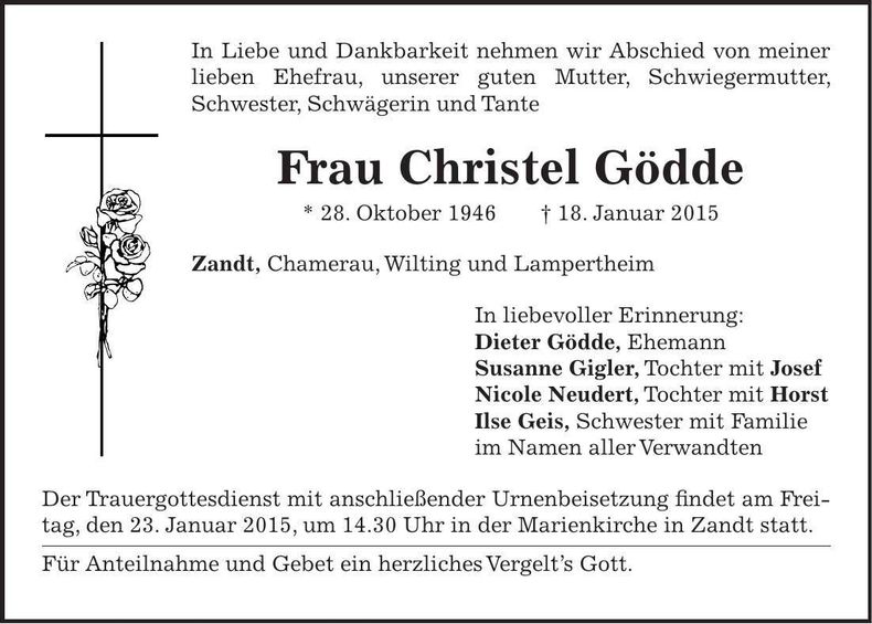 Traueranzeige Christel Gödde