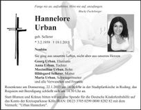 Traueranzeige Hannelore Urban