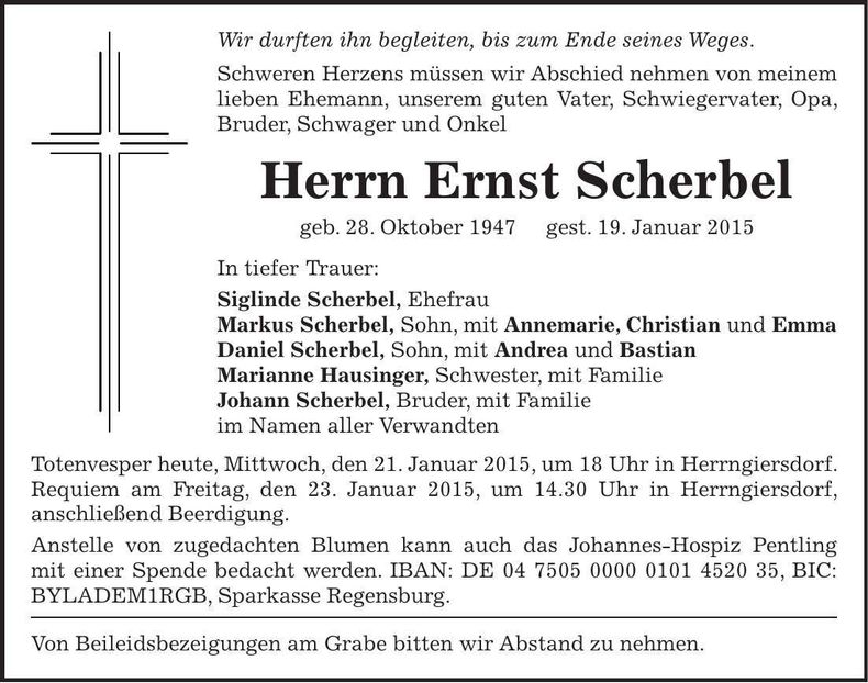 Traueranzeige Ernst Scherbl