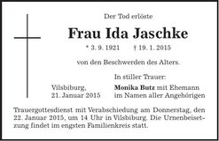 Traueranzeige Ida Jaschke