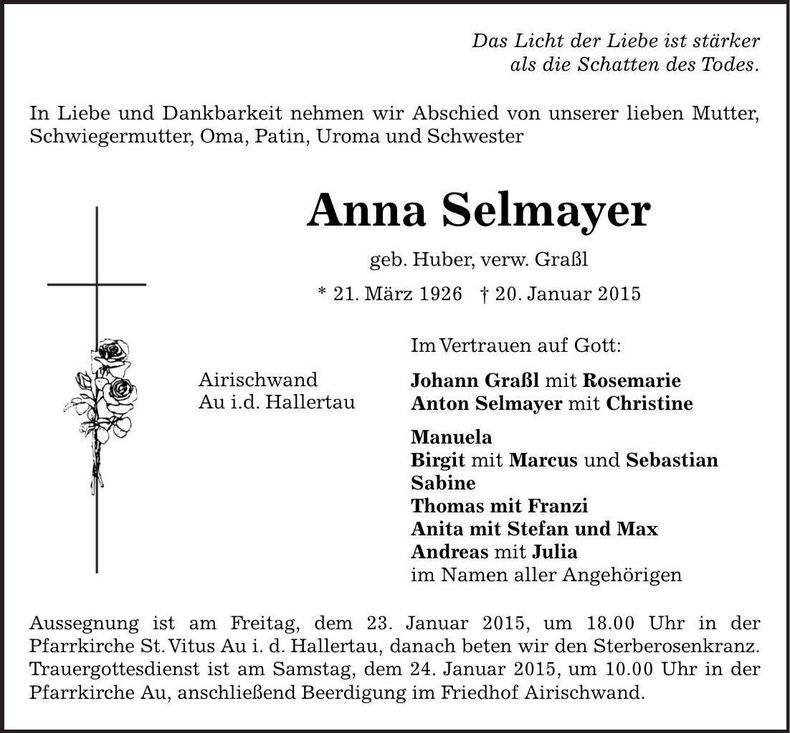 Traueranzeige Anna Selmayer