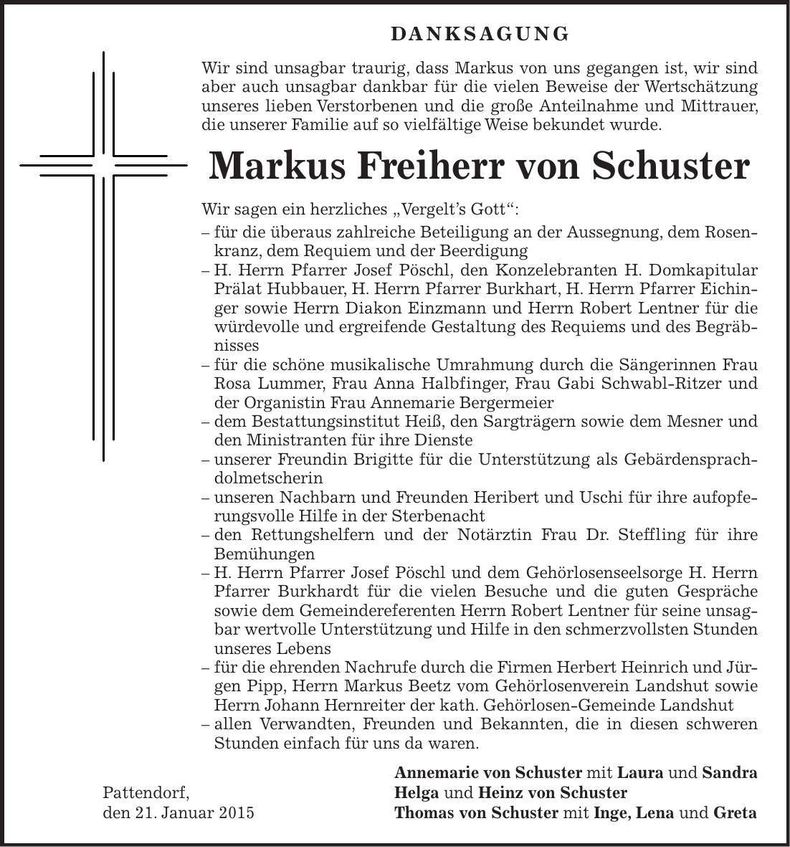 Traueranzeige Markus Freiherr von Schuster