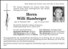 Traueranzeige Willi Hamberger