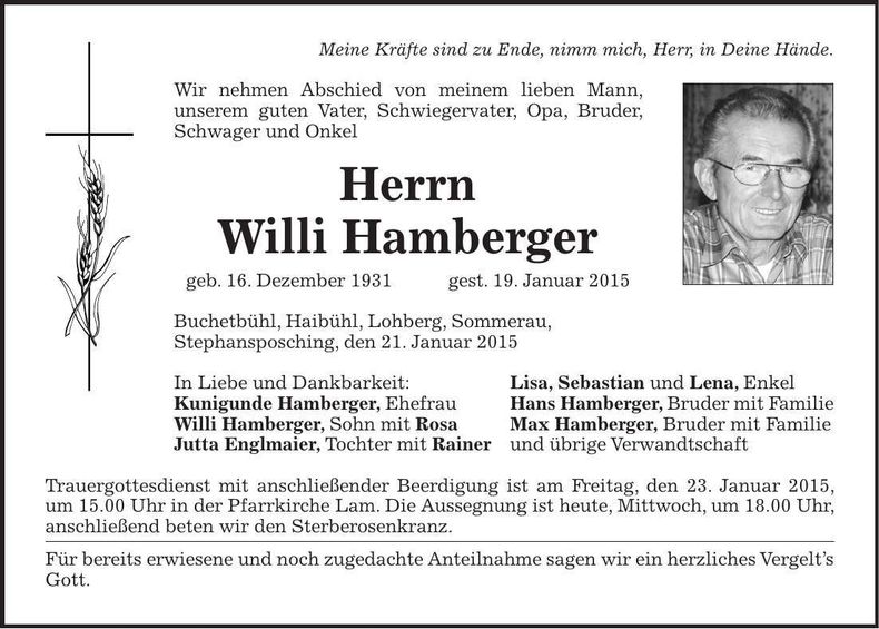 Traueranzeige Willi Hamberger