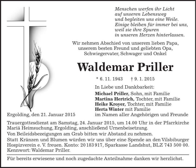 Traueranzeige Waldemar Priller