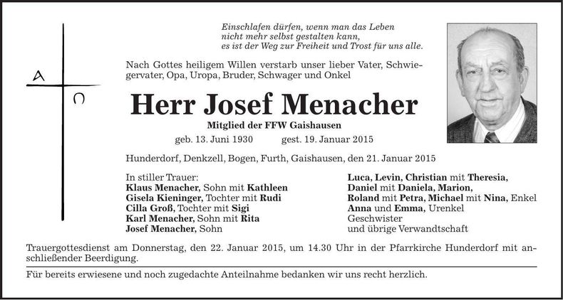Traueranzeige Josef Menacher