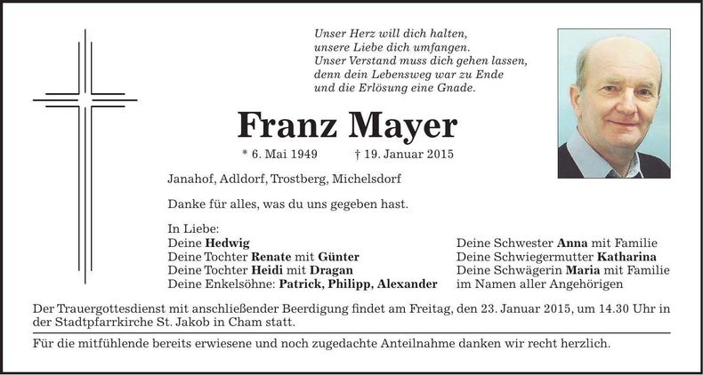 Traueranzeige Franz Mayer